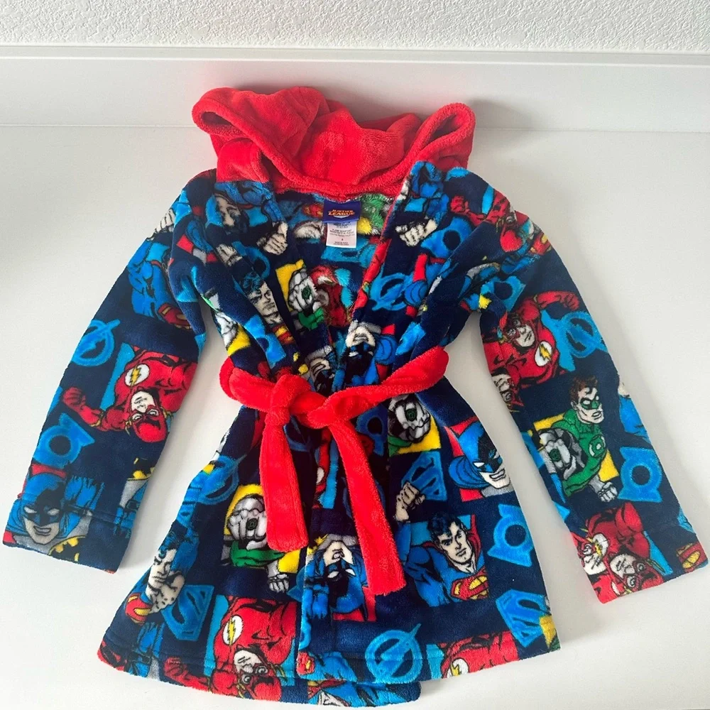 Justice League Boys Velvet Fleece Superhero Hooded Robe Superman Batman Size 5
